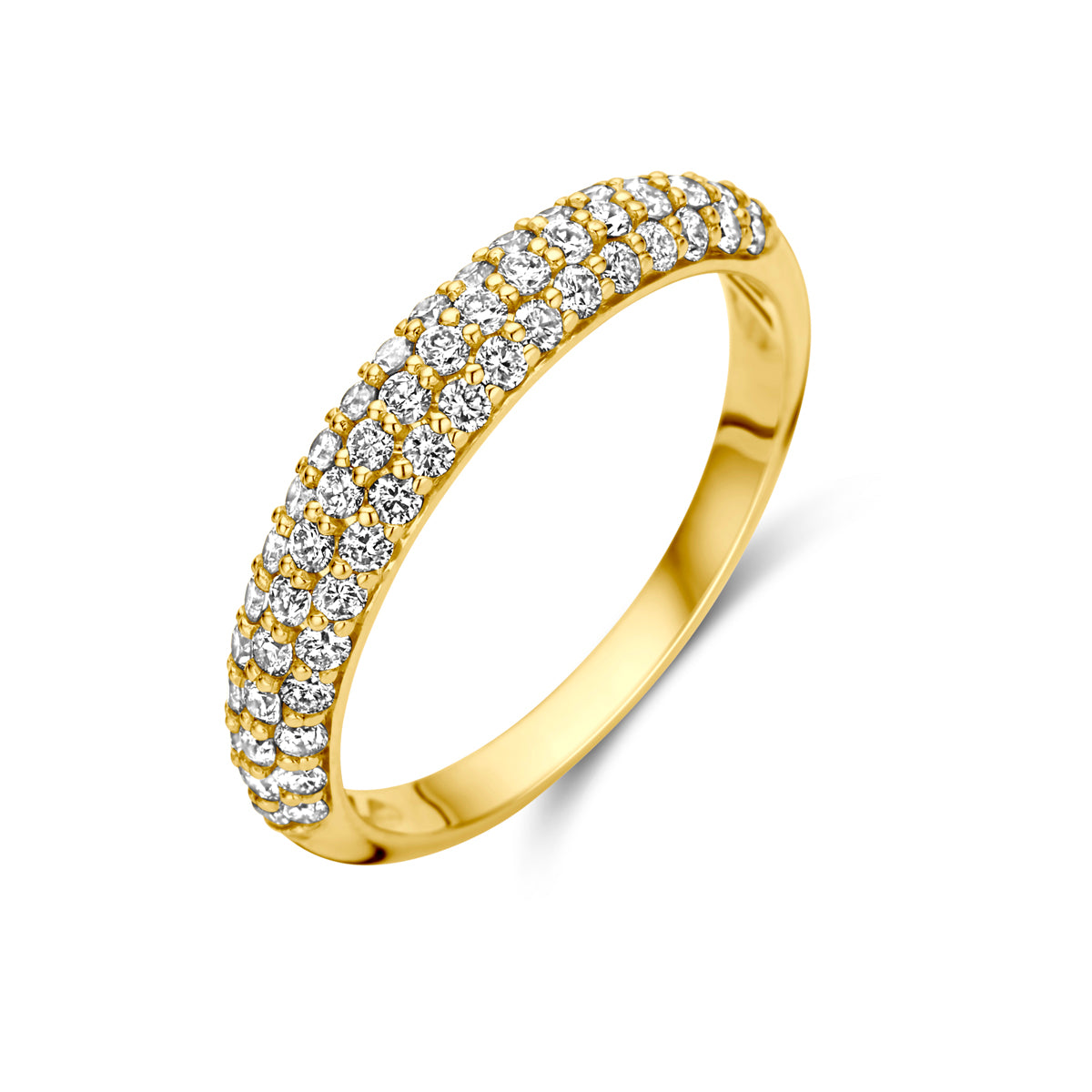 Schuin bovenaanzicht van de gouden pavé ring met diamant van 14 karaat.