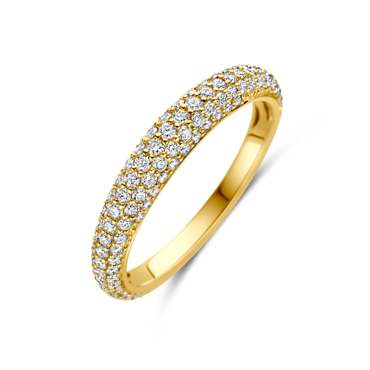 Schuin bovenaanzicht van de gouden ring met diamant van 14 karaat.