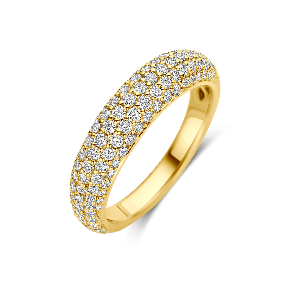 Schuin bovenaanzicht van de gouden pavé ring met diamant van 14 karaat.