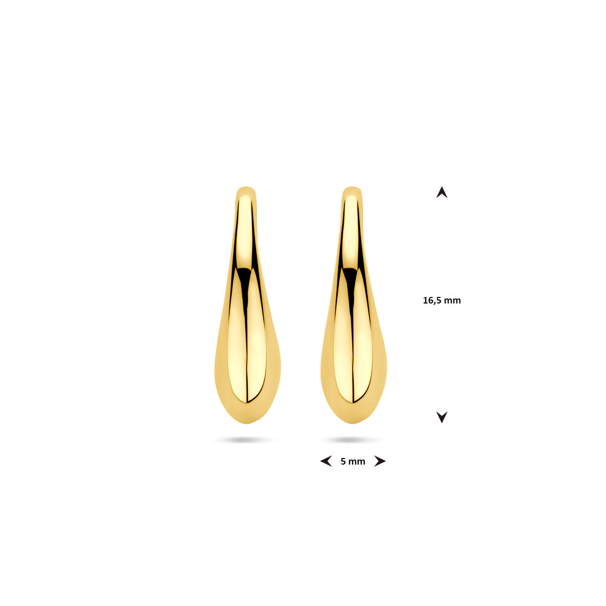 Afmetingen van de gouden peervormige oorhangers van 14 karaat: 16,5 mm hoog en 5 mm breed.