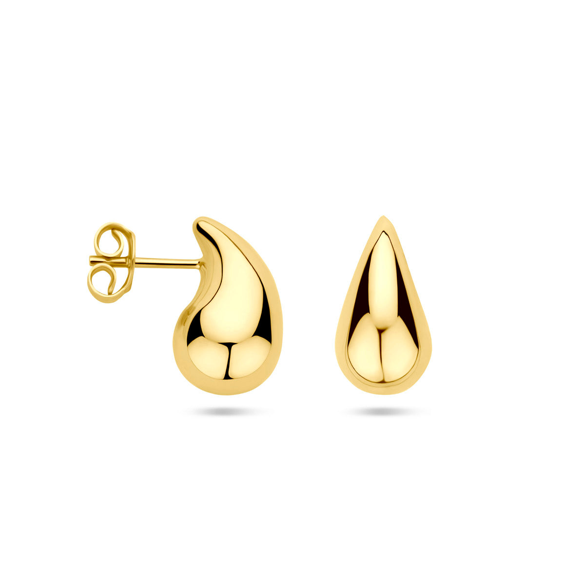 Voor- en zijaanzicht van de gouden peervormige oorknopjes van 14 karaat.