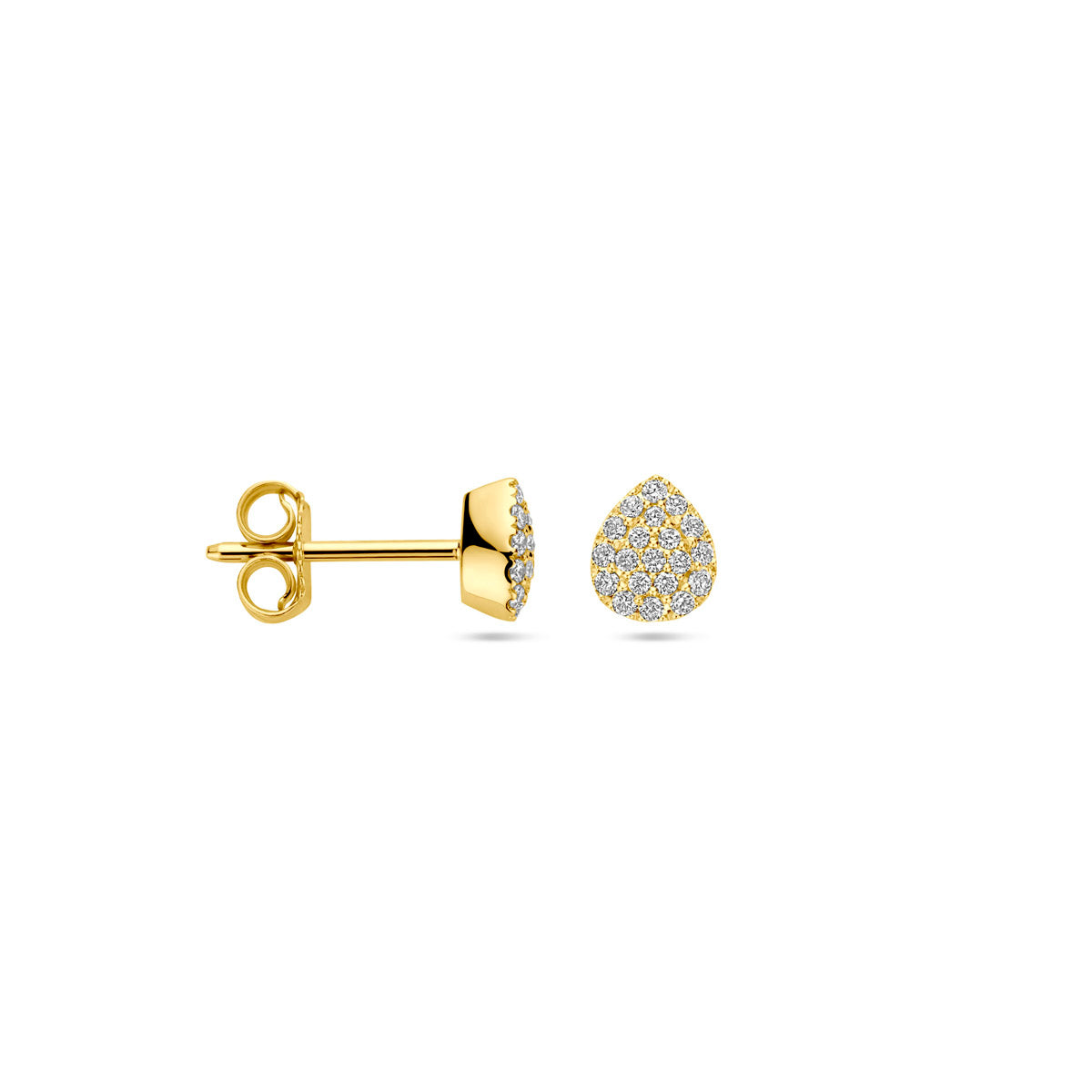 Voor- en zijaanzicht van de gouden peervormige oorknopjes met diamant van 14 karaat.