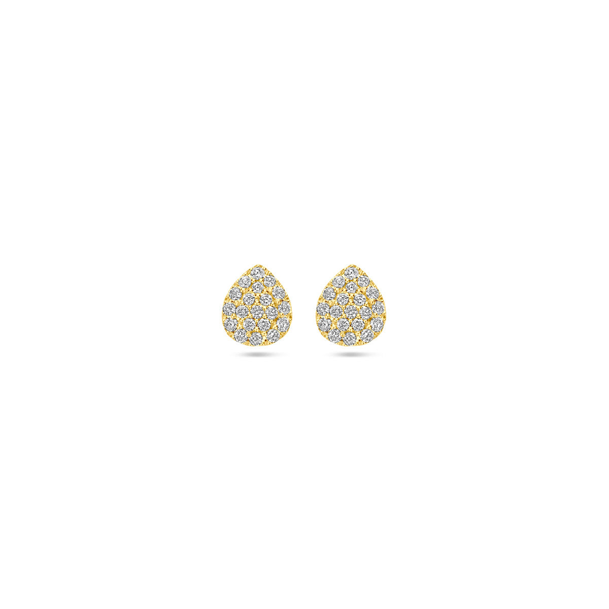 Vooraanzicht van de gouden peervormige oorknopjes met diamant van 14 karaat.
