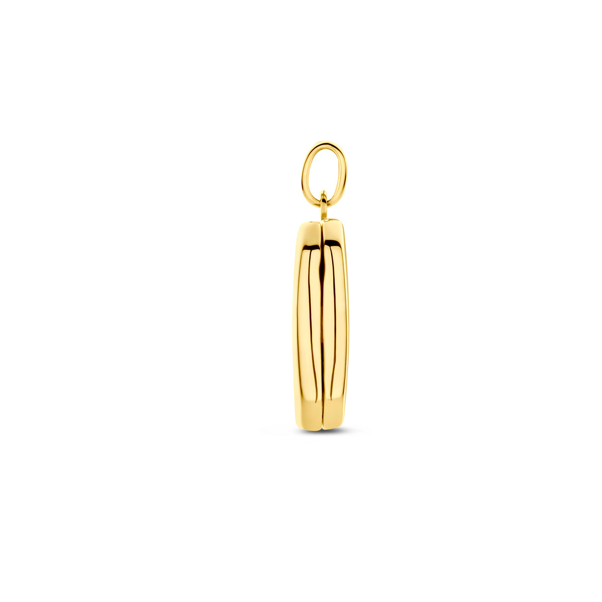 Zijaanzicht van de gouden rechthoekige medaillonhanger van 14 karaat.