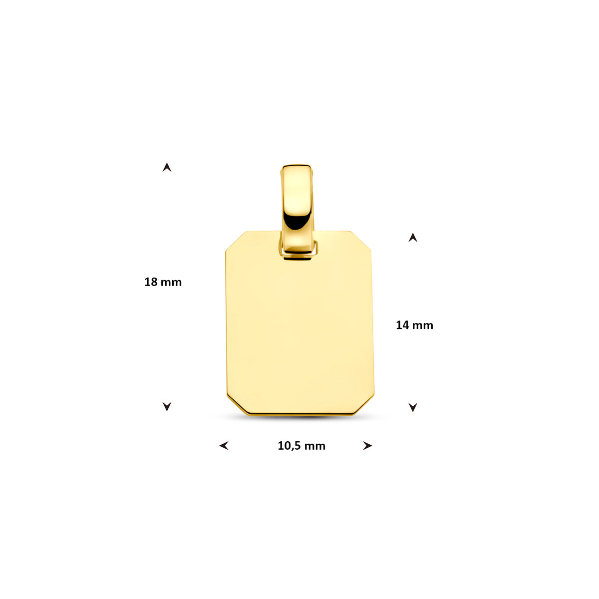 Afmetingen van de gouden rechthoekige graveerhanger van 14 karaat: 18 mm hoog inclusief oog, 14 mm zonder oog en 10,5 mm breed.