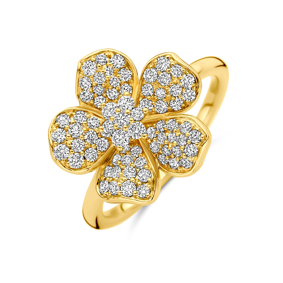 Schuin bovenaanzicht van de 14 karaat gouden ring bloem met diamant pavé 0,75 ct, 16 mm breed en 16 mm hoog.