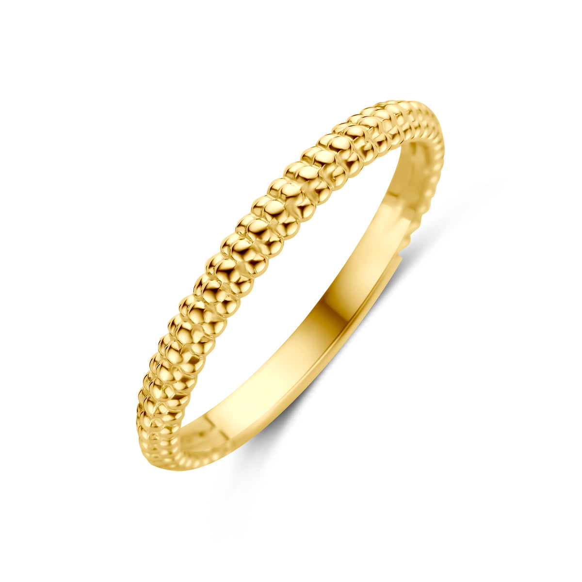 Schuin bovenaanzicht van de 14 karaat gouden ring bolletjes, 2,3 mm breed.