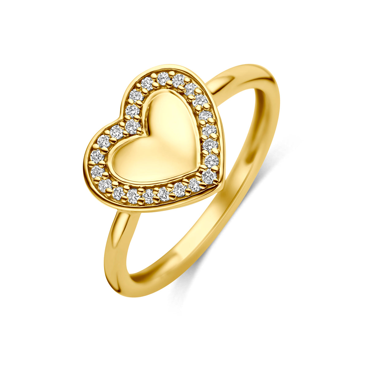 Schuin bovenaanzicht van de 14 karaat gouden ring lab grown diamant 0,11 ct, 11,5 mm breed en 10 mm hoog.