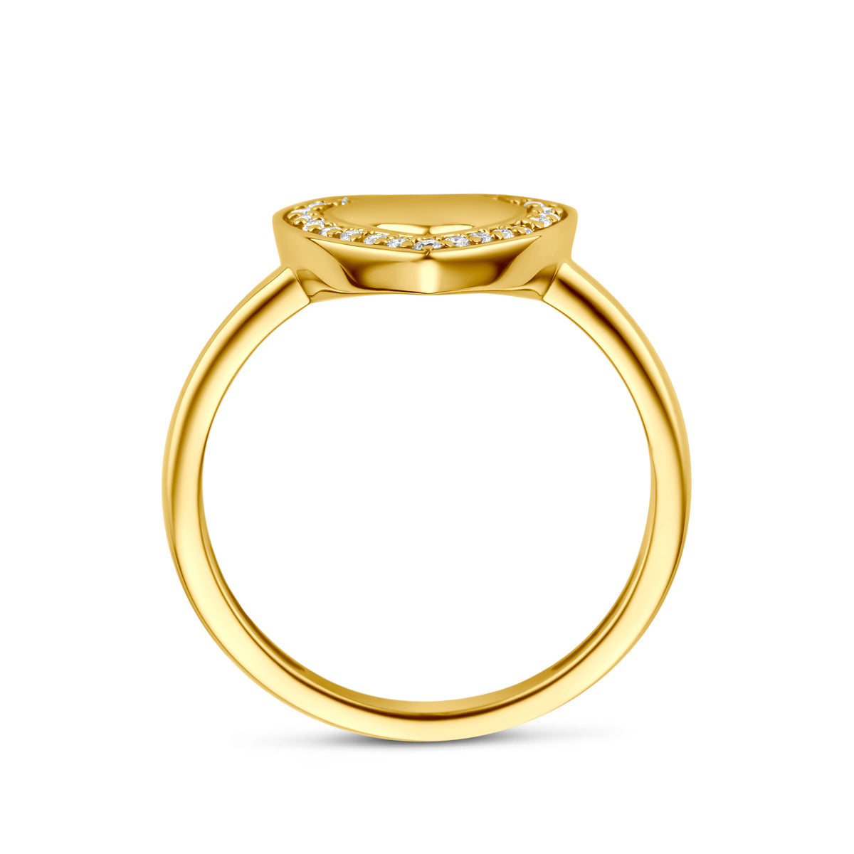 Zijaanzicht van de 14 karaat gouden ring lab grown diamant 0,11 ct, zodat het profiel van de ring zichtbaar is.