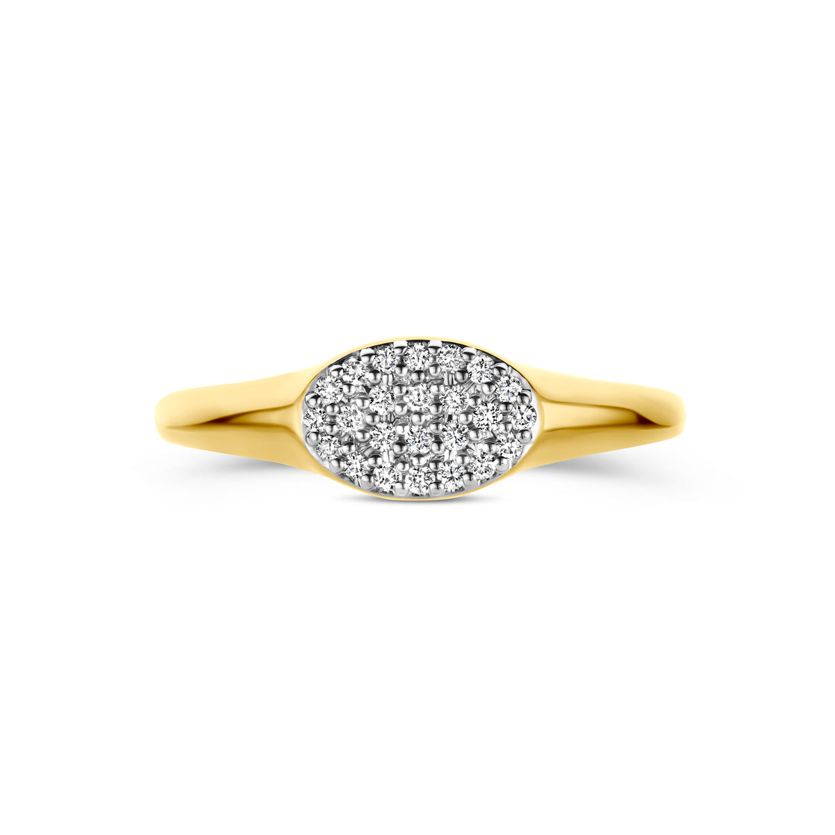 Bovenaanzicht van de 14 karaat gouden ring met lab grown diamant 0,12 ct, plat liggend van bovenaf gezien.