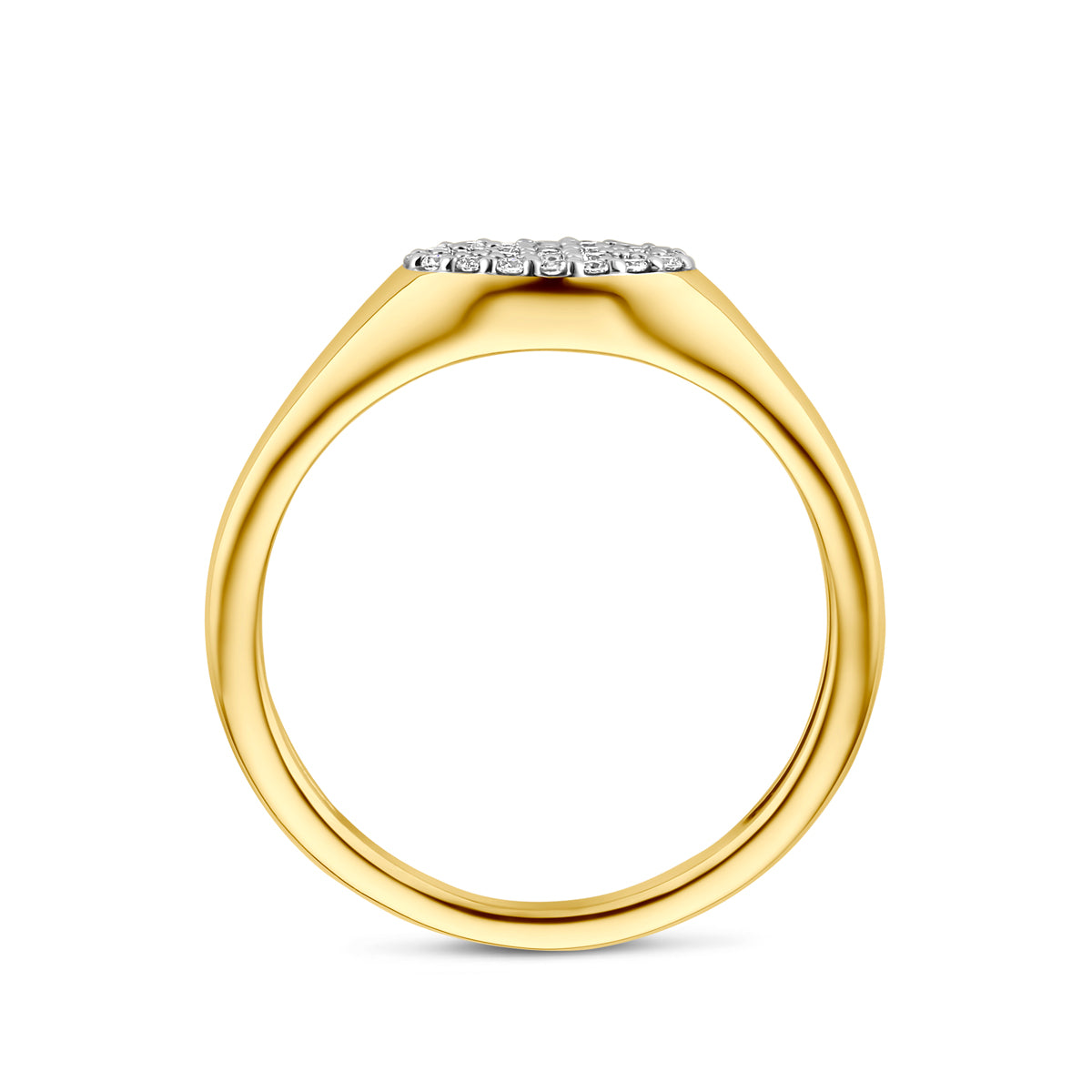 Zijaanzicht van de 14 karaat gouden ring met lab grown diamant 0,12 ct, zodat het profiel van de ring zichtbaar is.