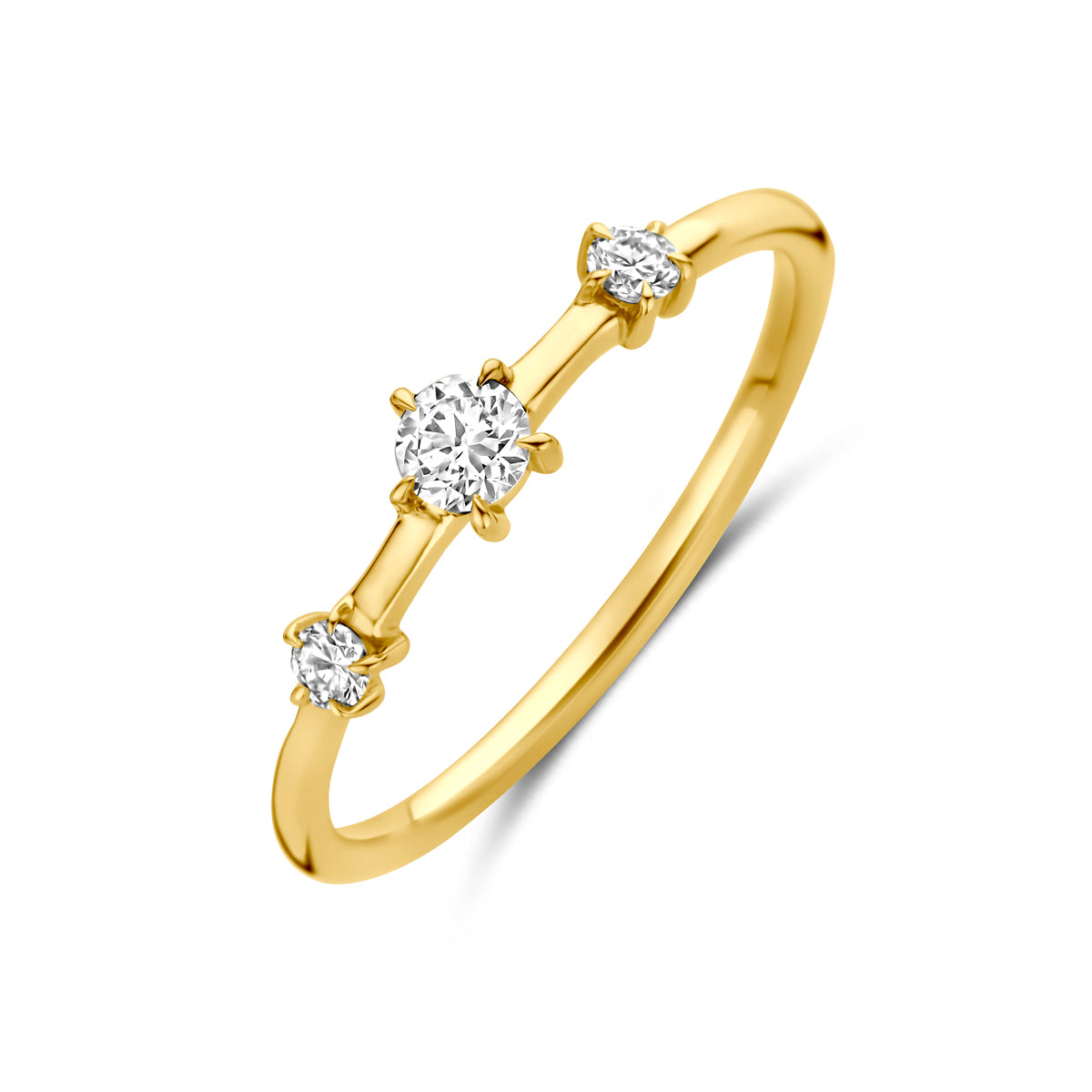 Schuin bovenaanzicht van de 14 karaat gouden ring met lab grown diamant 0,20 ct, 4 mm breed.