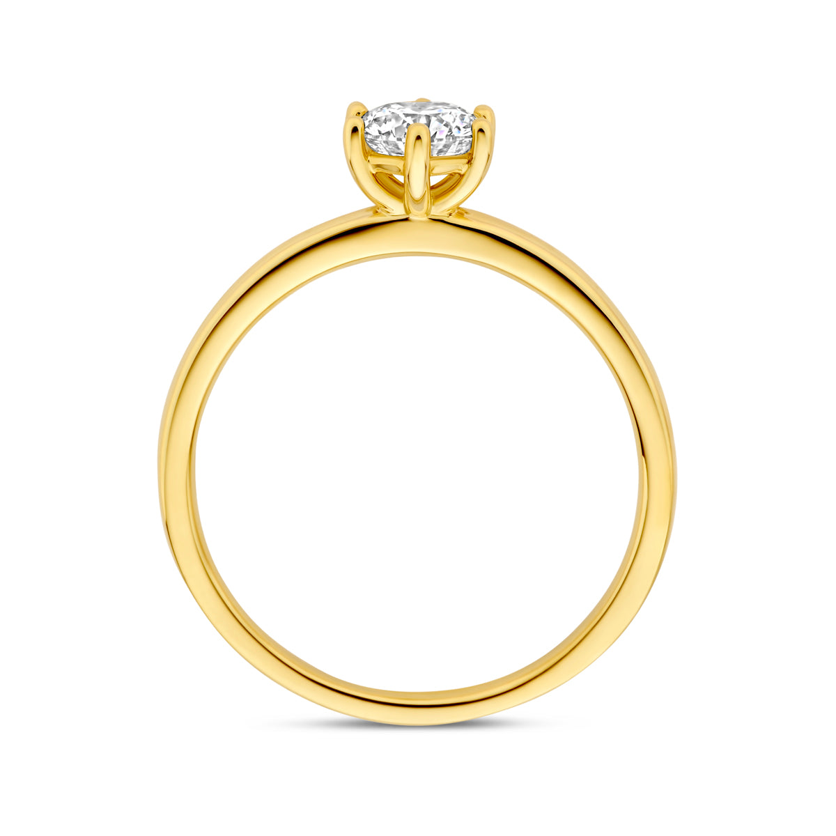 Zijaanzicht van de 14 karaat gouden ring met lab grown diamant 0,50 ct, zodat het profiel van de ring zichtbaar is.