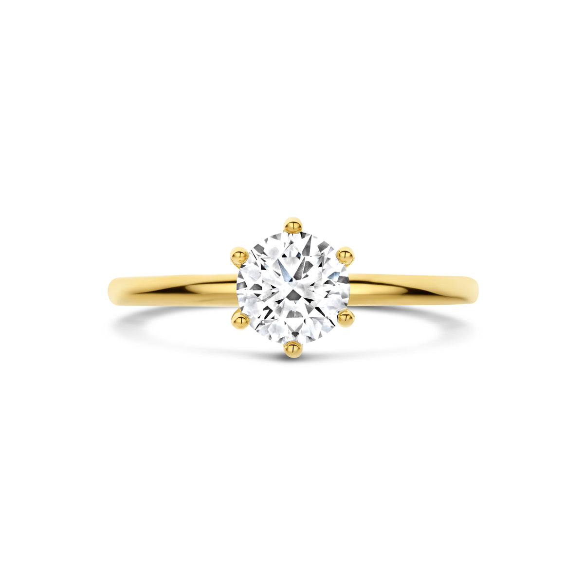 Bovenaanzicht van de 14 karaat gouden ring met lab grown diamant 0,75 ct, plat liggend van bovenaf gezien.
