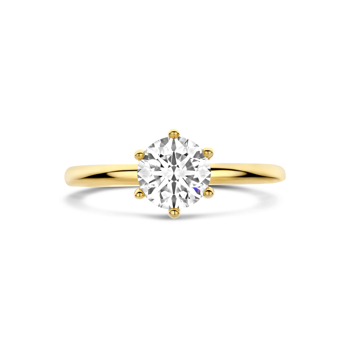 Bovenaanzicht van de 14 karaat gouden ring met lab grown diamant 1,00 ct, plat liggend van bovenaf gezien.