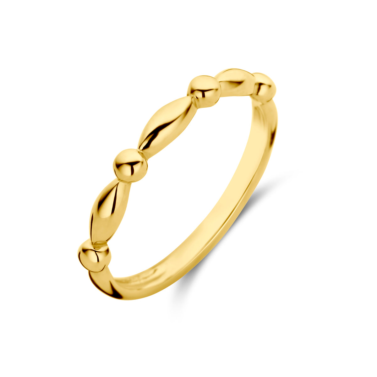 Schuin bovenaanzicht van de gouden ring met bolletjes van 14 karaat.