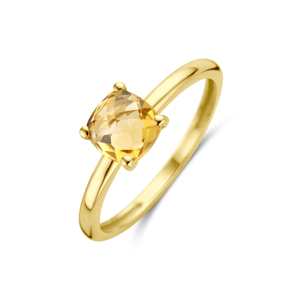 Schuin bovenaanzicht van de gouden ring met citrien van 14 karaat.