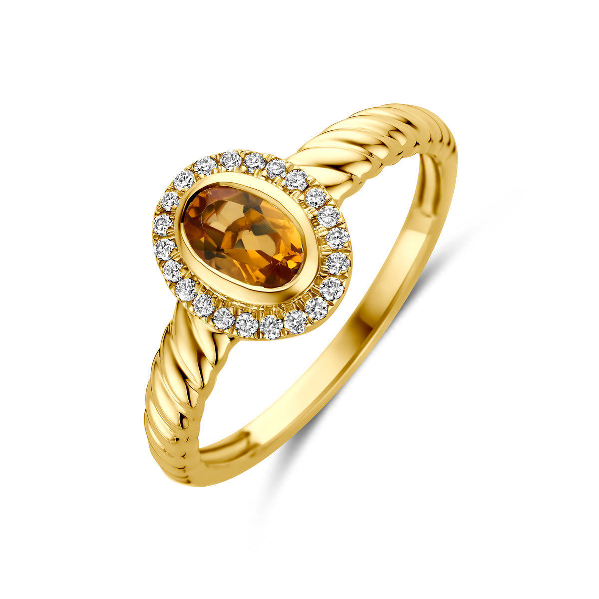 Schuin bovenaanzicht van de gouden ring met citrien en lab grown diamant van 14 karaat.