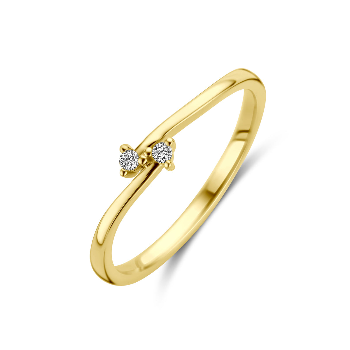 Schuin bovenaanzicht van de gouden ring met diamant van 14 karaat.