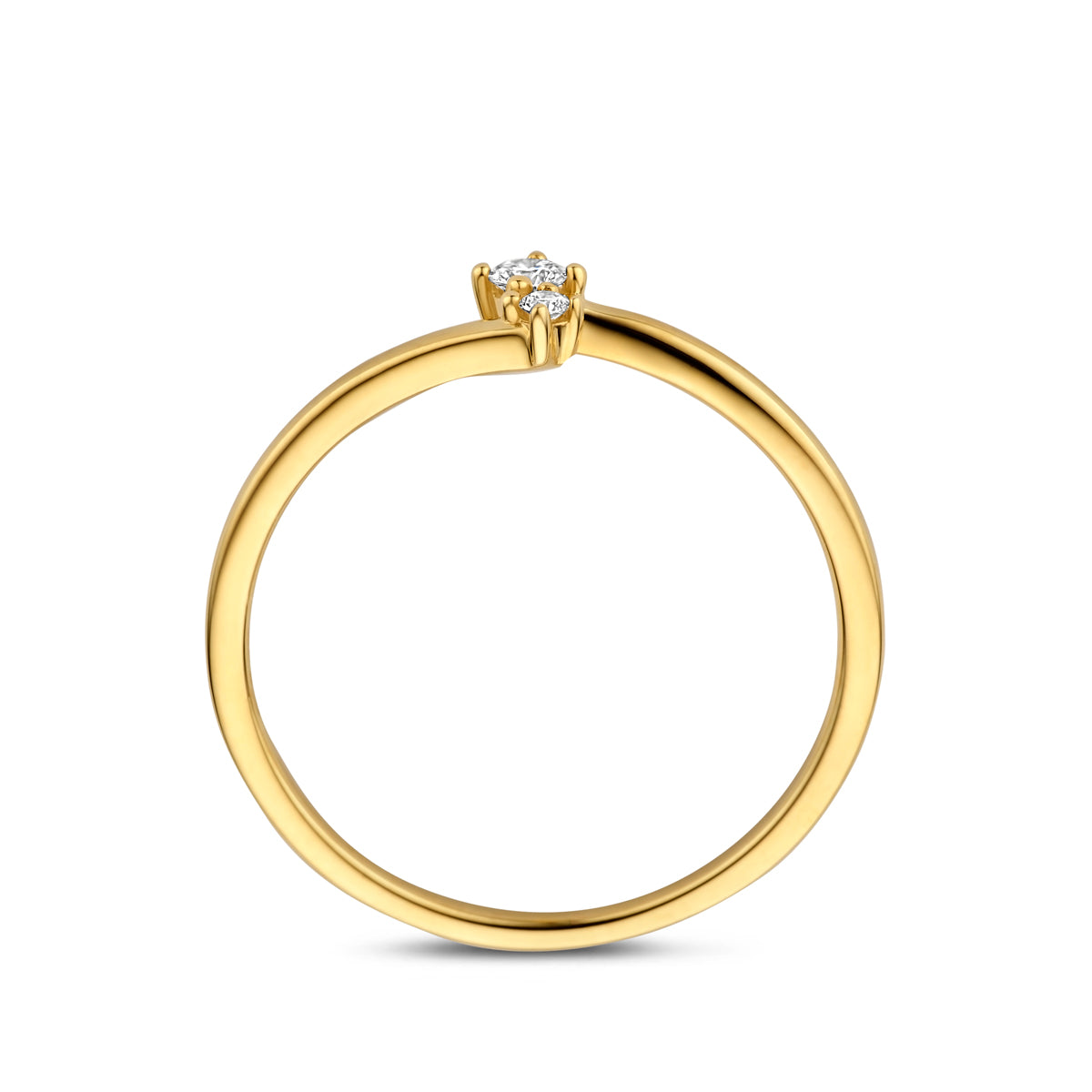 Zijaanzicht van de gouden ring met diamant van 14 karaat.