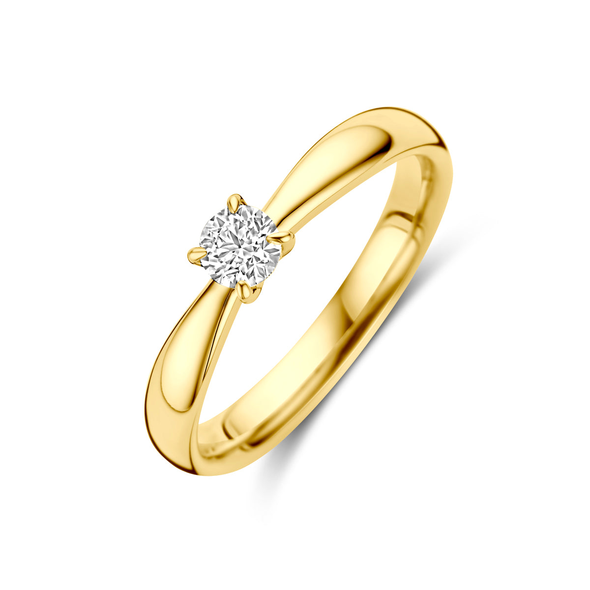 Schuin bovenaanzicht van de gouden ring met diamant van 14 karaat.