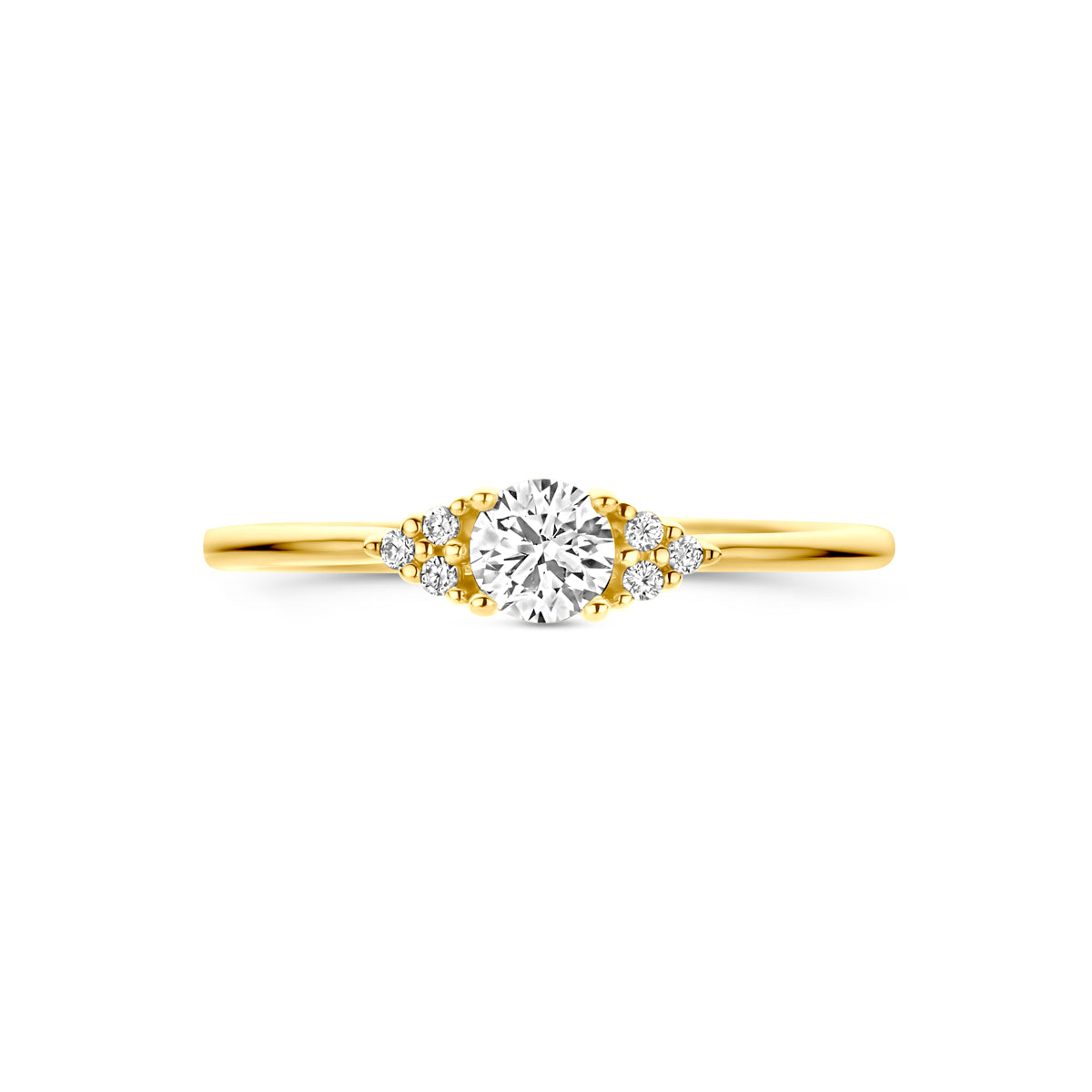 Bovenaanzicht van de gouden ring met diamant van 14 karaat.