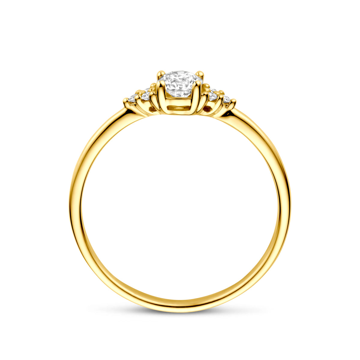 Zijaanzicht van de gouden ring met diamant van 14 karaat.