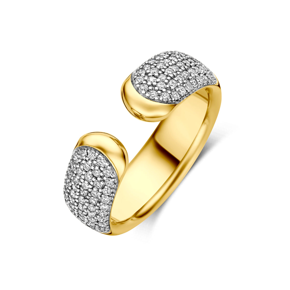 Schuin bovenaanzicht van de gouden ring met diamant van 14 karaat.