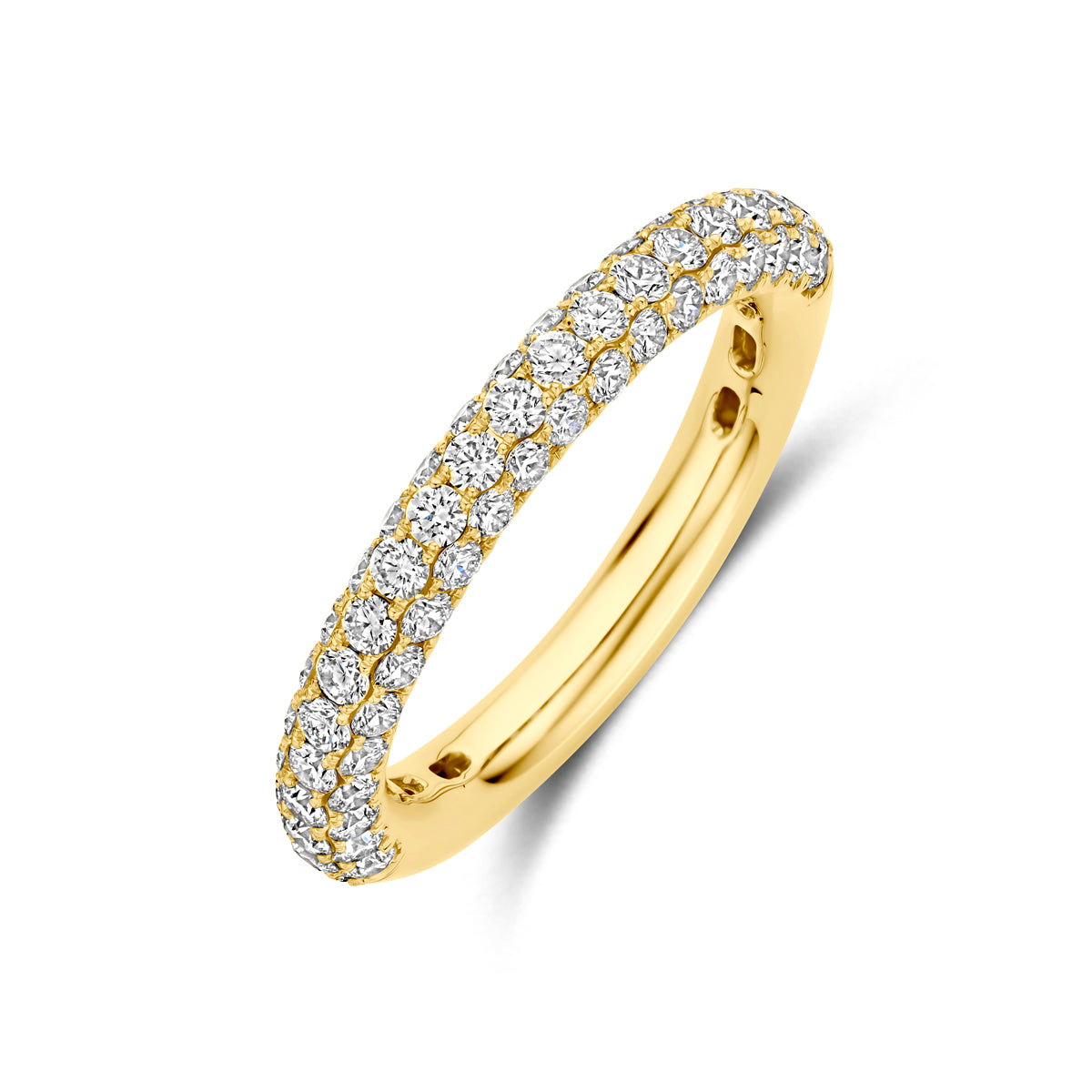 Schuin bovenaanzicht van de gouden ring met diamant van 14 karaat.