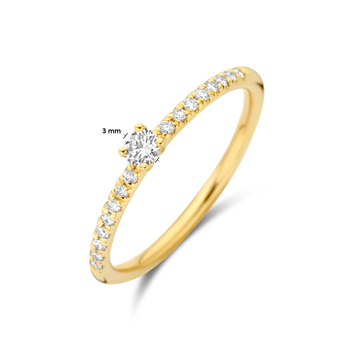 Afmetingen van de gouden ring met diamanten van 14 karaat: 3 mm breed.