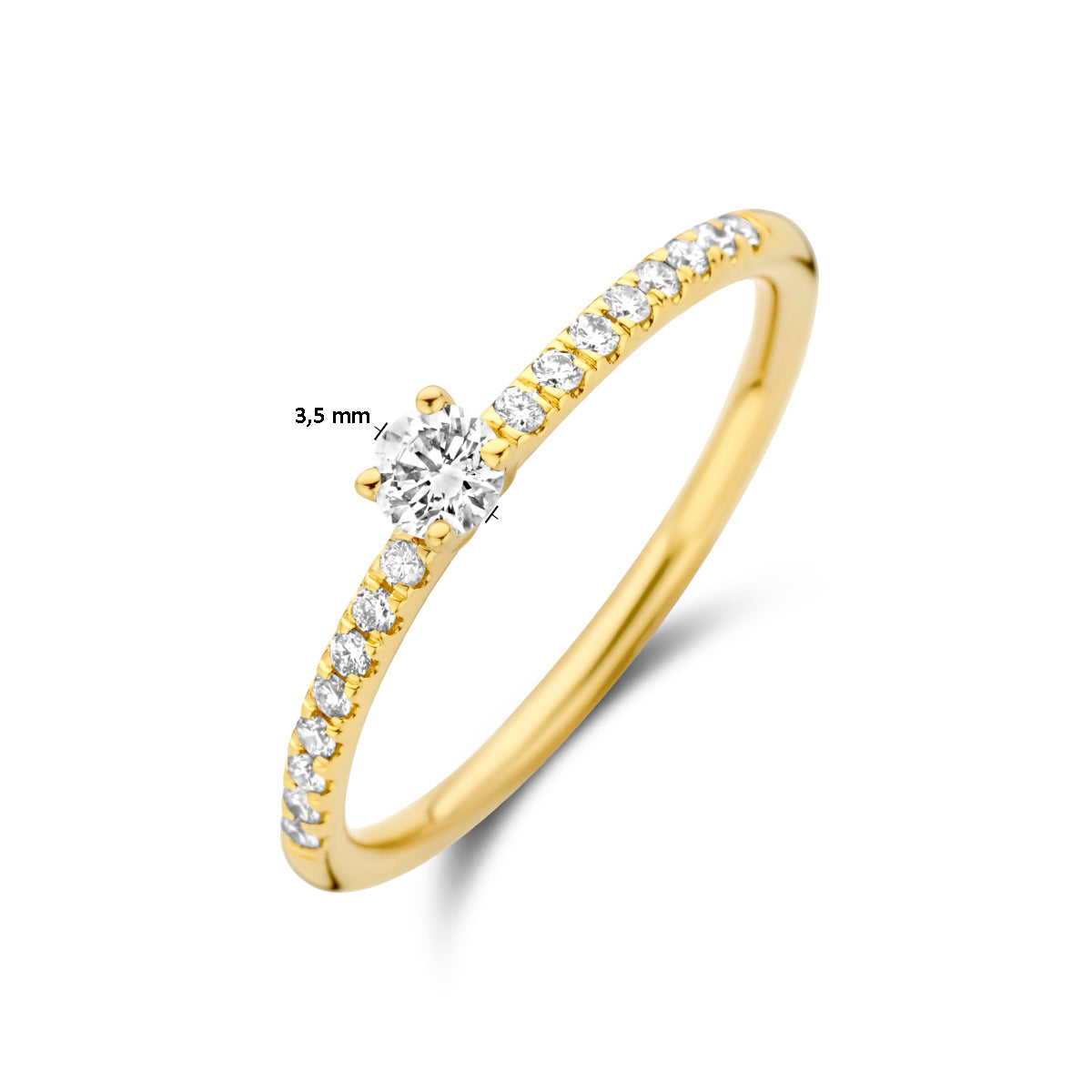 Afmetingen van de gouden ring met diamanten van 14 karaat: 3,5 mm breed.