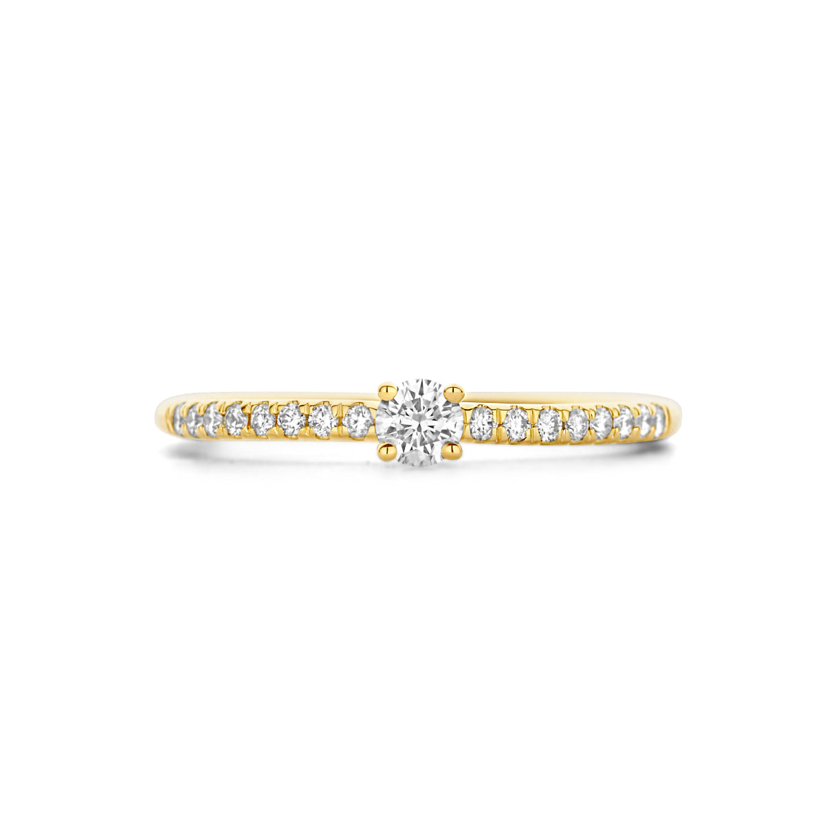 Bovenaanzicht van de gouden ring met diamanten van 14 karaat.