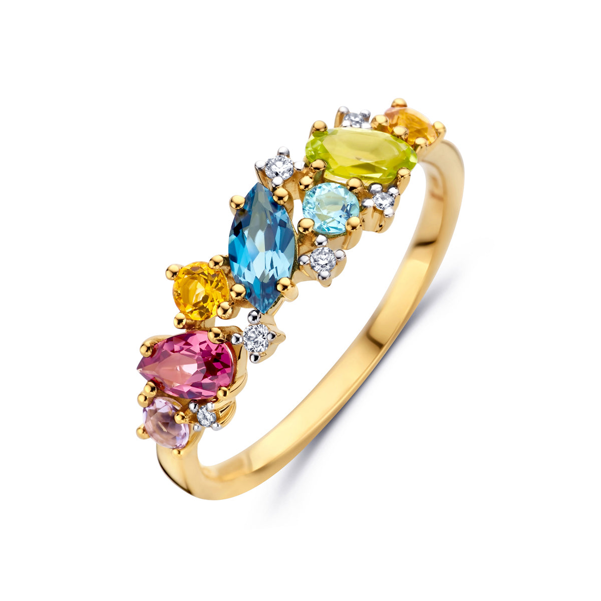Schuin bovenaanzicht van de gouden ring met edelstenen en diamant van 14 karaat.