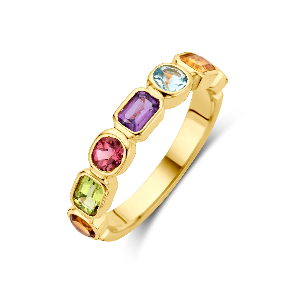 Schuin bovenaanzicht van de gouden ring met edelstenen van 14 karaat.