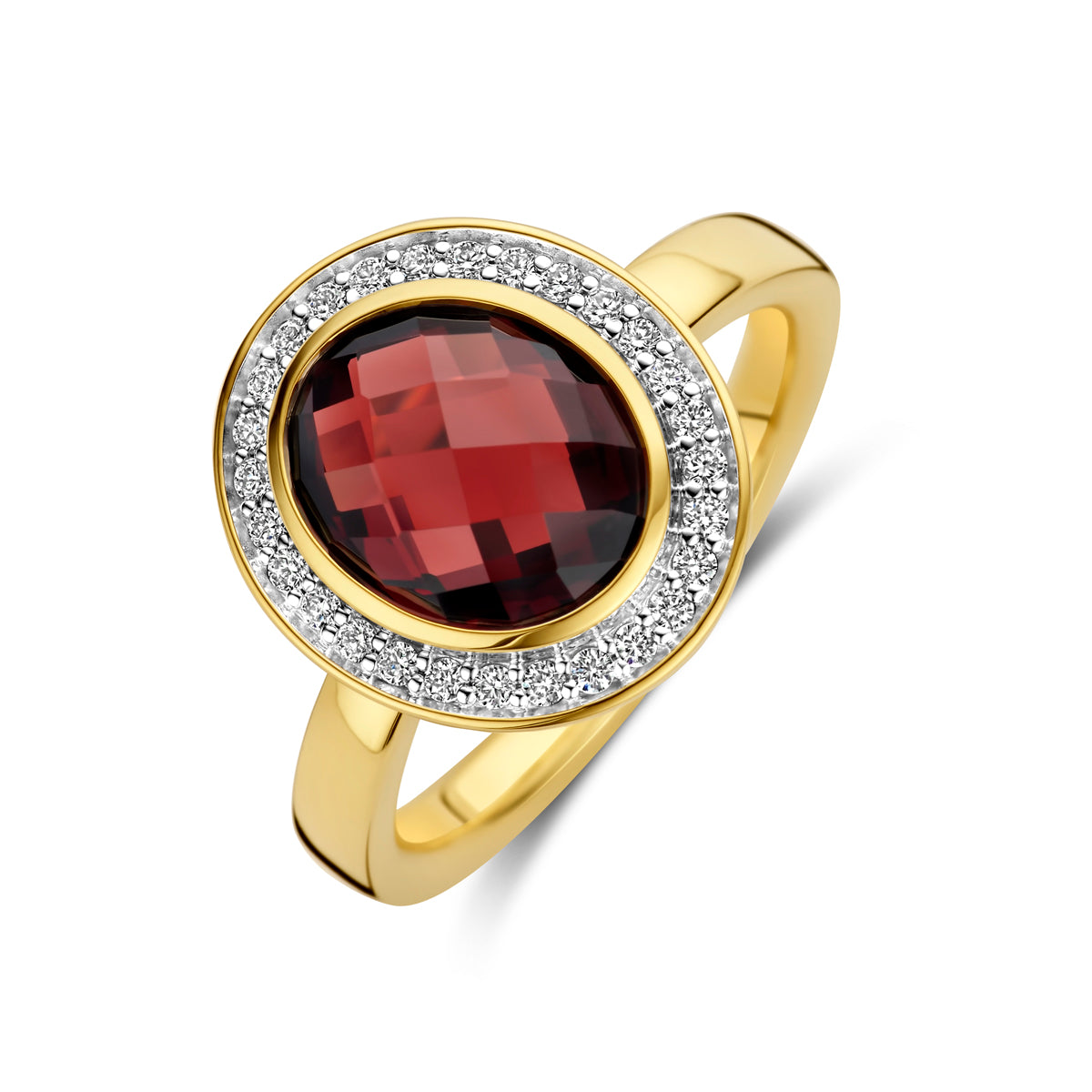 Schuin bovenaanzicht van de gouden ring met granaat en diamant van 14 karaat.