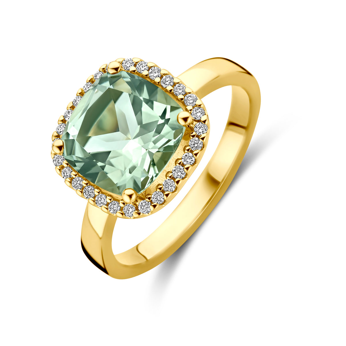 Schuin bovenaanzicht van de gouden ring met groene amethist en diamant van 14 karaat.