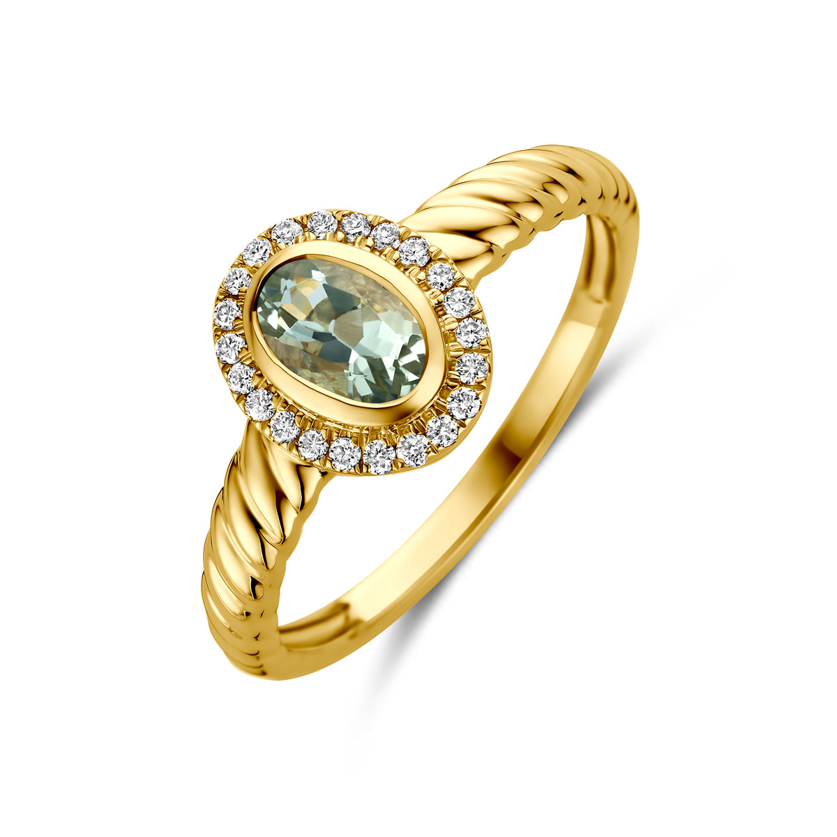 Schuin bovenaanzicht van de gouden ring met groene amethist en lab grown diamant van 14 karaat.
