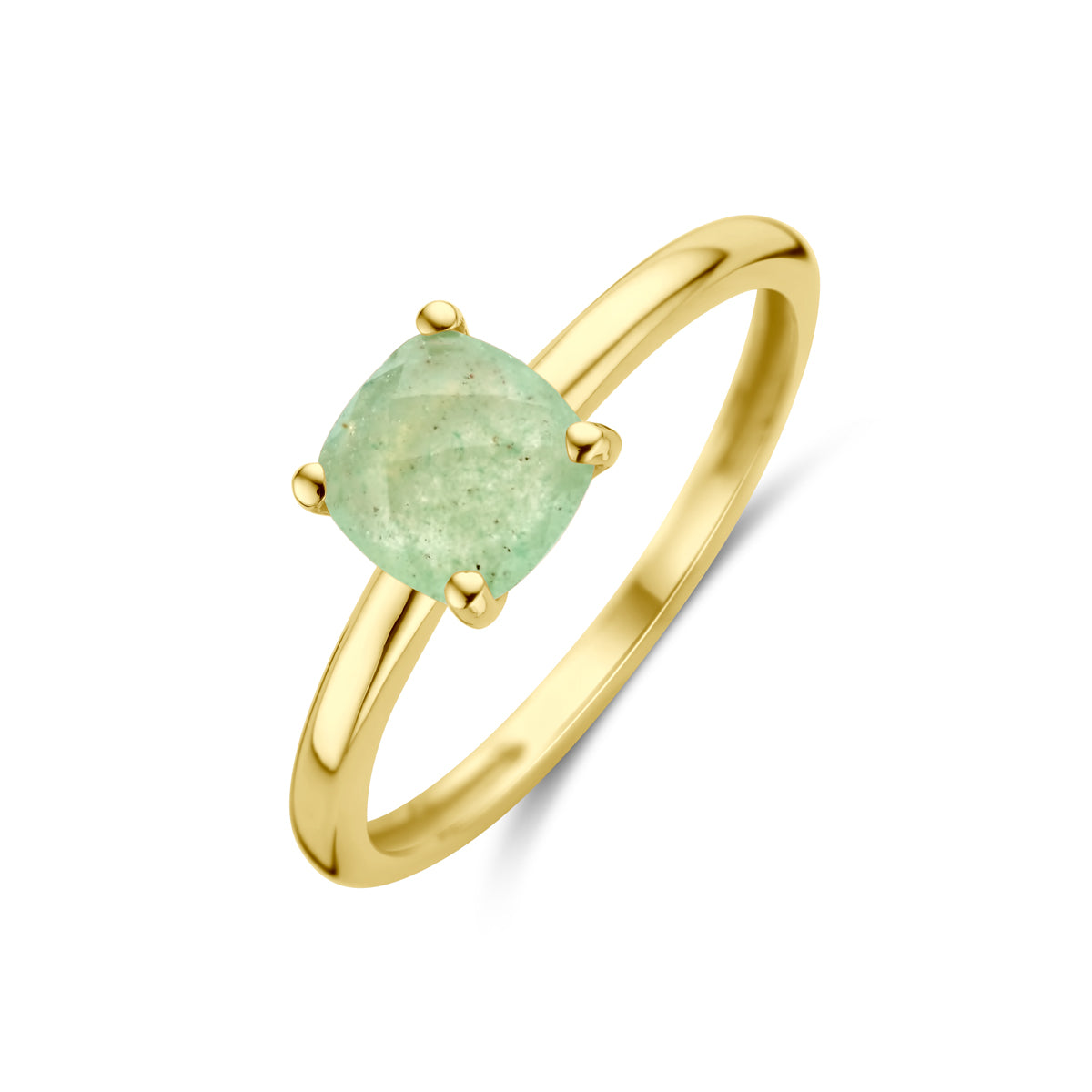 Schuin bovenaanzicht van de gouden ring met groene aventurijn van 14 karaat.