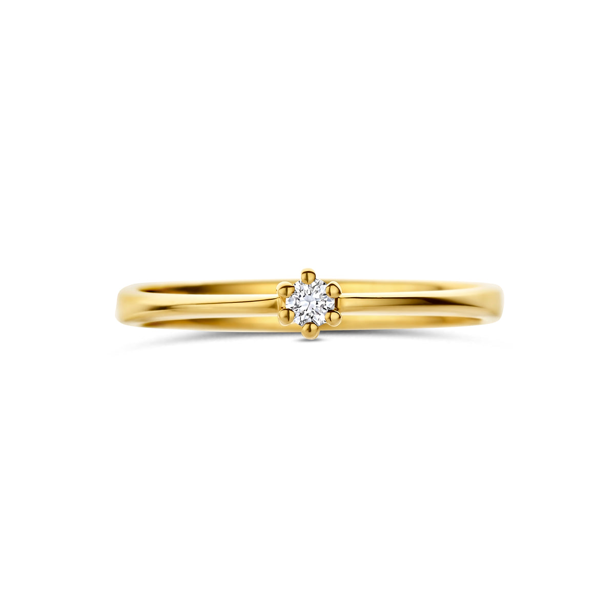 Bovenaanzicht van de gouden ring met lab grown diamant van 14 karaat, 0,05 ct.