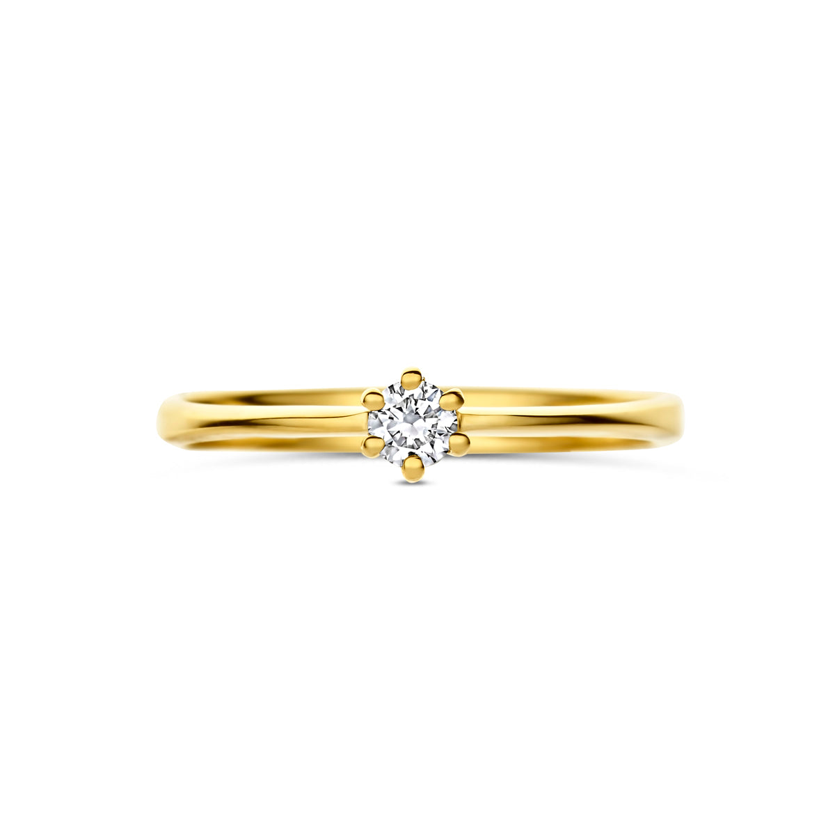 Bovenaanzicht van de gouden ring met lab grown diamant van 14 karaat, 0,10 ct.