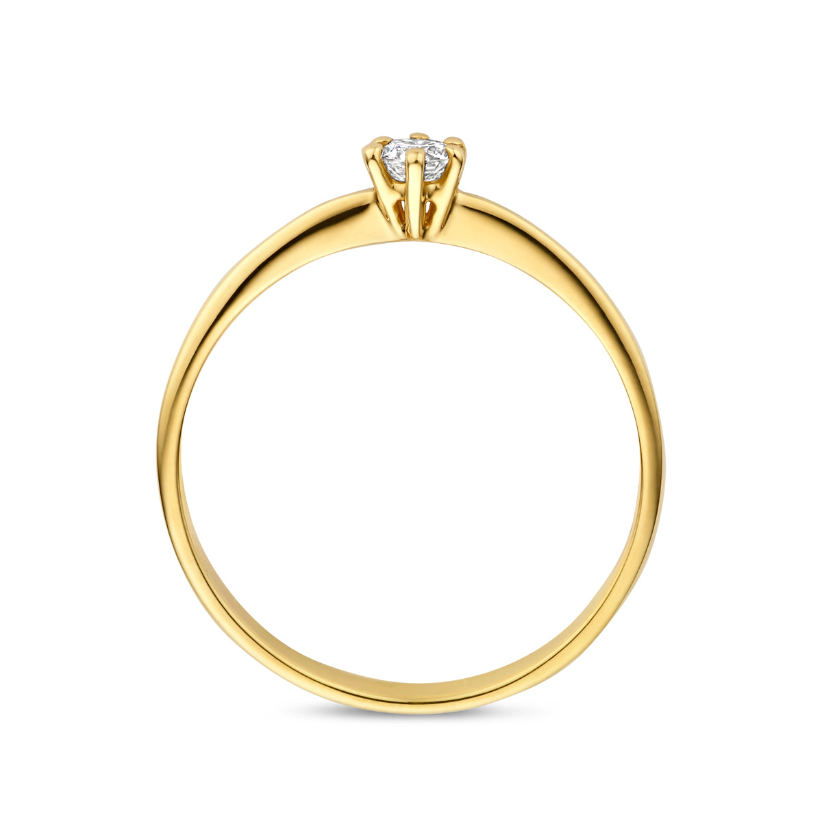 Zijaanzicht van de gouden ring met lab grown diamant van 14 karaat, 0,10 ct.