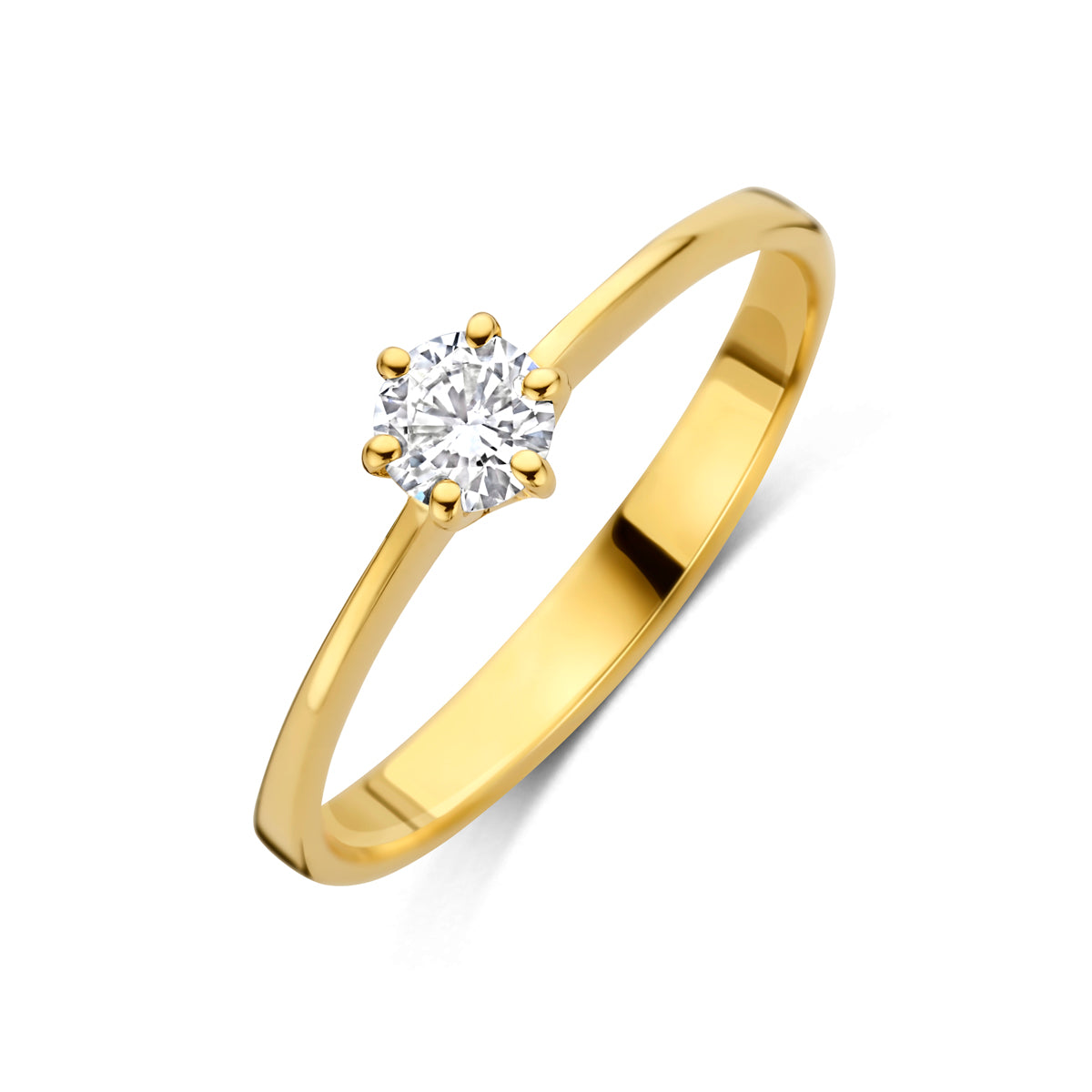 Schuin bovenaanzicht van de gouden ring met lab grown diamant van 14 karaat.