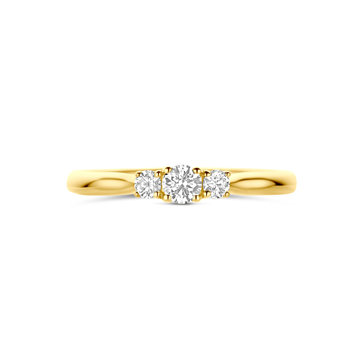 Bovenaanzicht van de gouden ring met lab grown diamant van 14 karaat.
