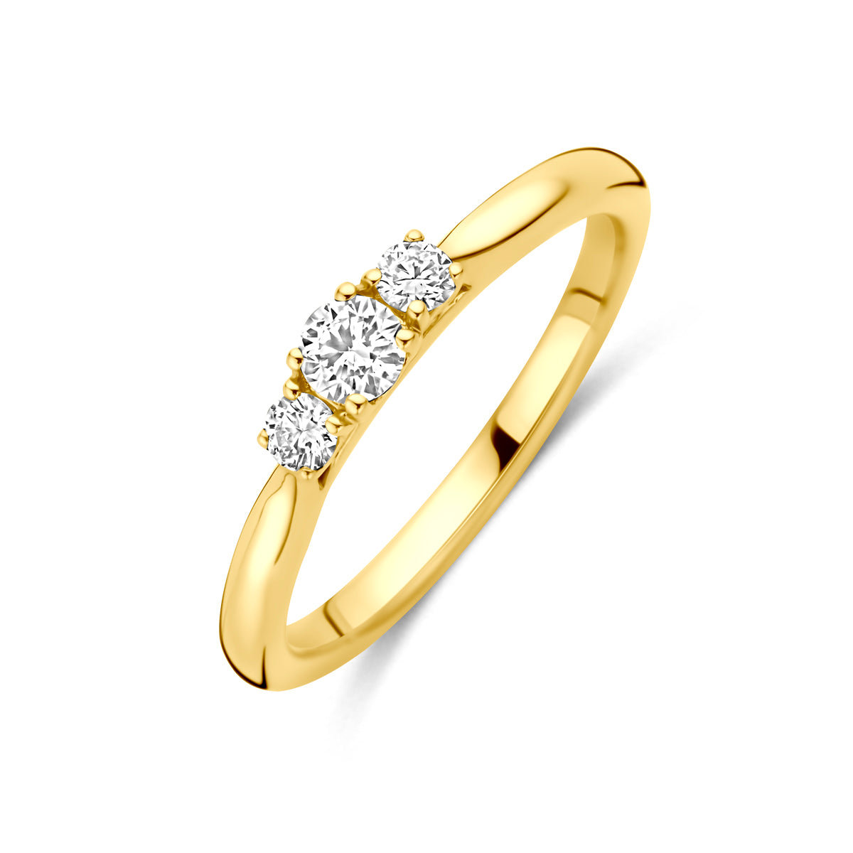 Schuin bovenaanzicht van de gouden ring met lab grown diamant van 14 karaat.
