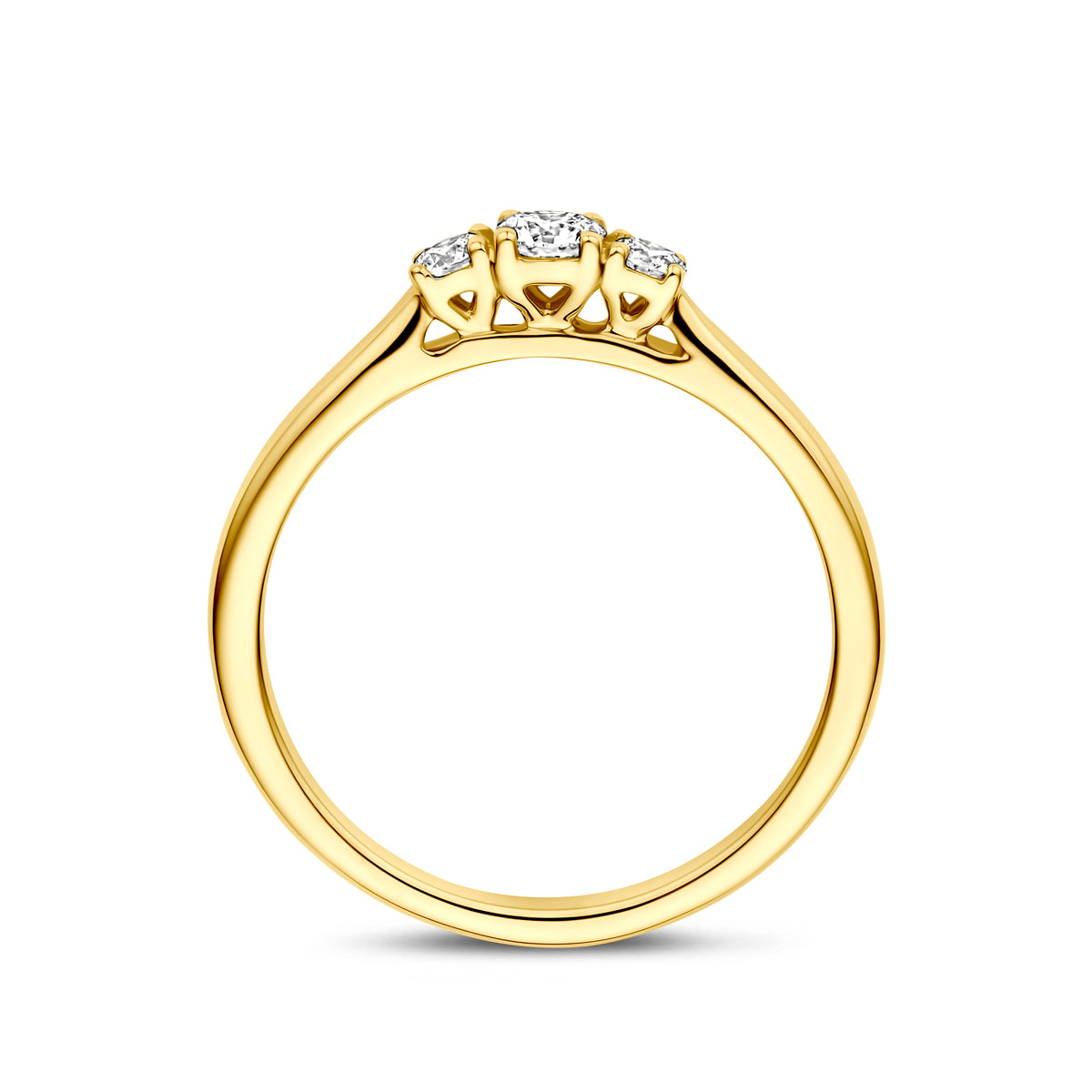 Zijaanzicht van de gouden ring met lab grown diamant van 14 karaat.
