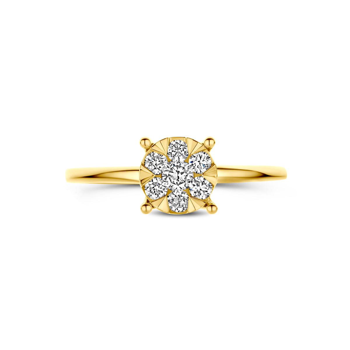 Bovenaanzicht van de gouden ring met lab grown diamant van 14 karaat.