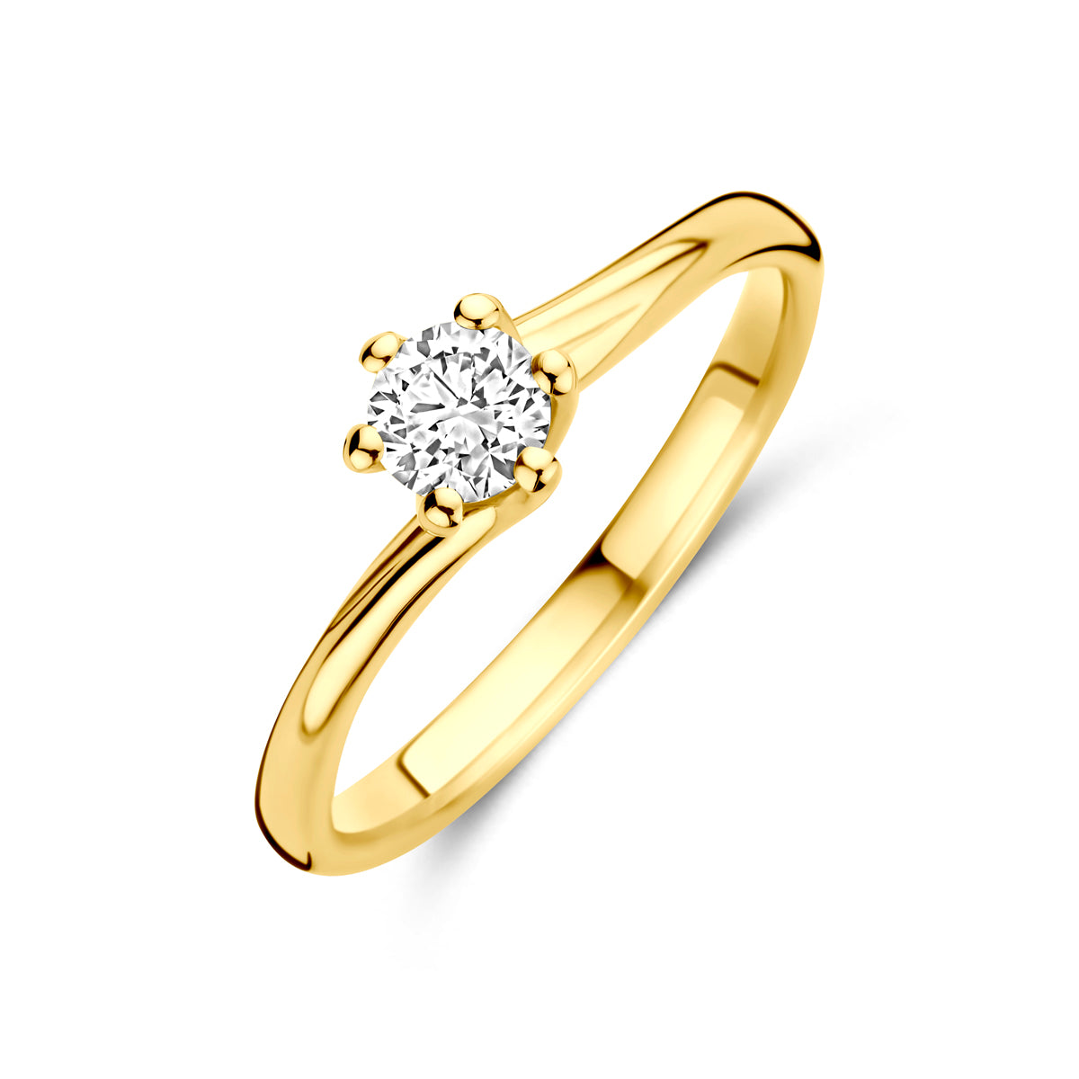 Schuin bovenaanzicht van de gouden ring met lab grown diamant van 14 karaat.