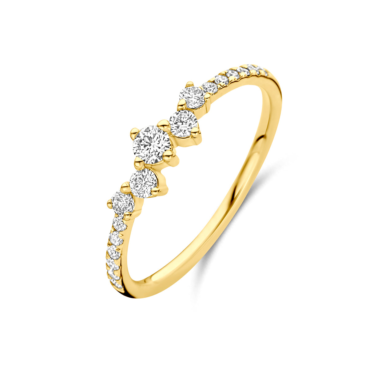 Schuin bovenaanzicht van de gouden ring met lab grown diamant van 0,33 ct.