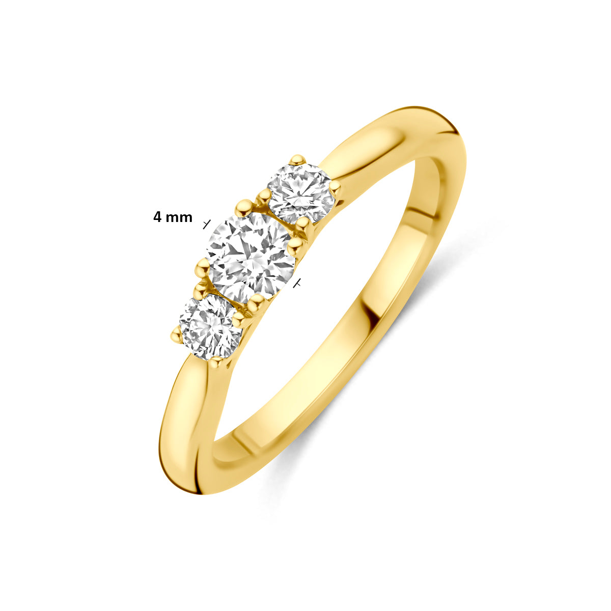 Afmetingen van de gouden ring met lab grown diamant van 14 karaat: band van 2,5 mm, steen van 4 mm.