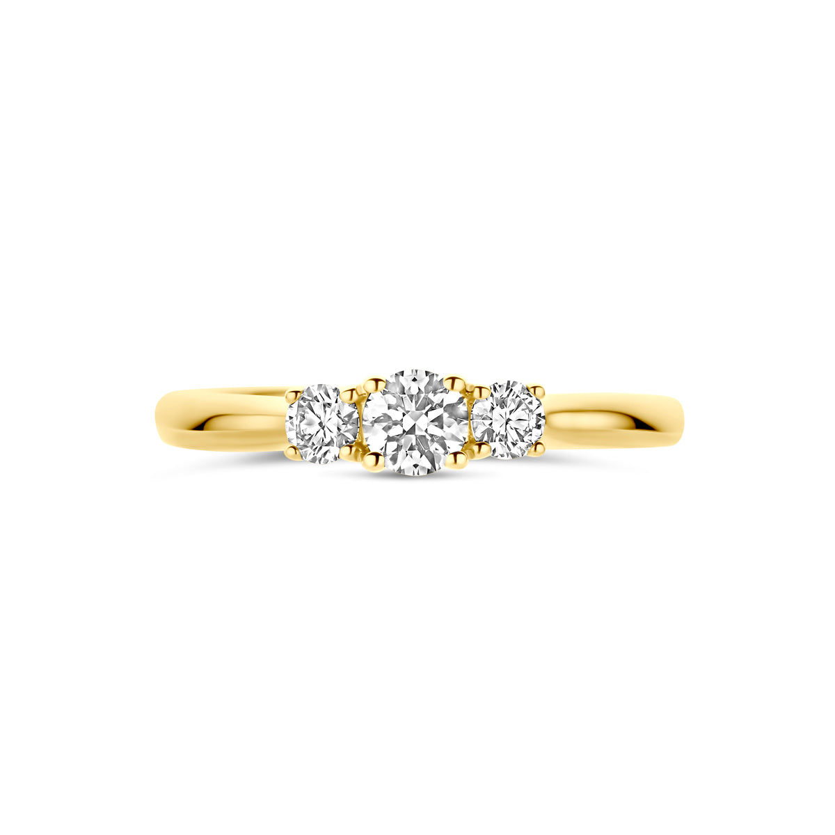 Bovenaanzicht van de gouden ring met lab grown diamant van 14 karaat.
